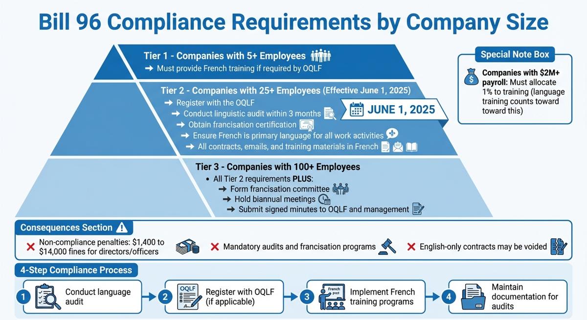 Exigences de conformité au travail selon la Loi 96 au Québec par taille d'entreprise