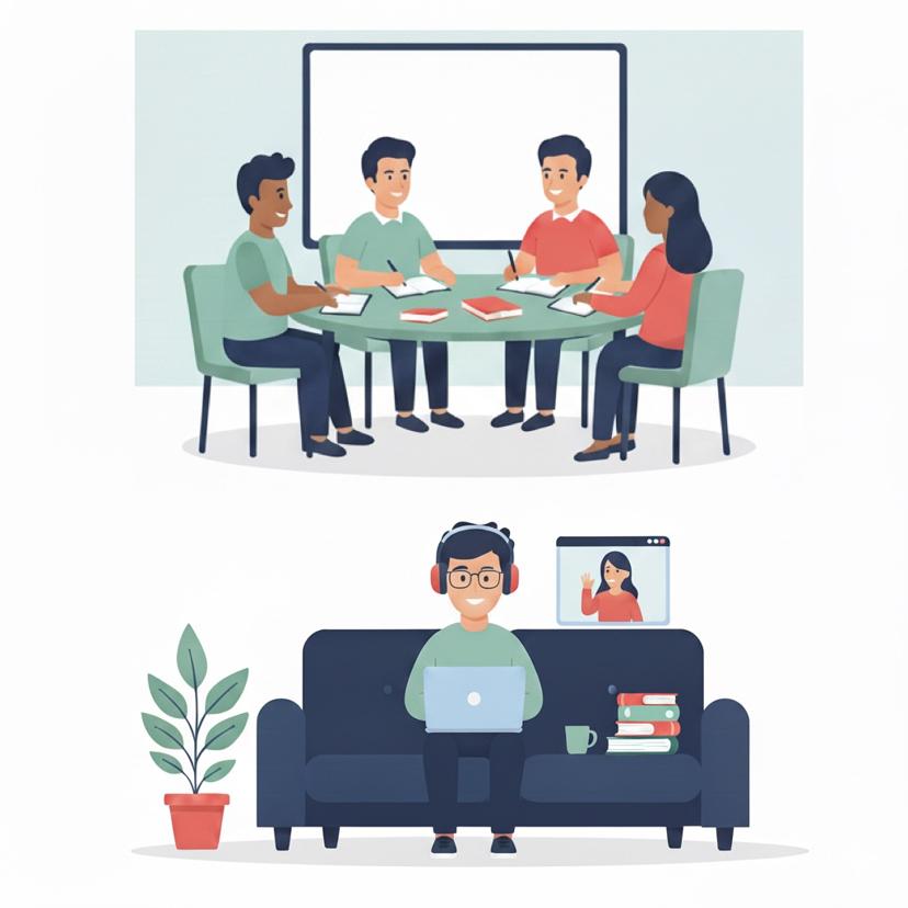 Teachers collaborating with AI technology in a modern language school classroom