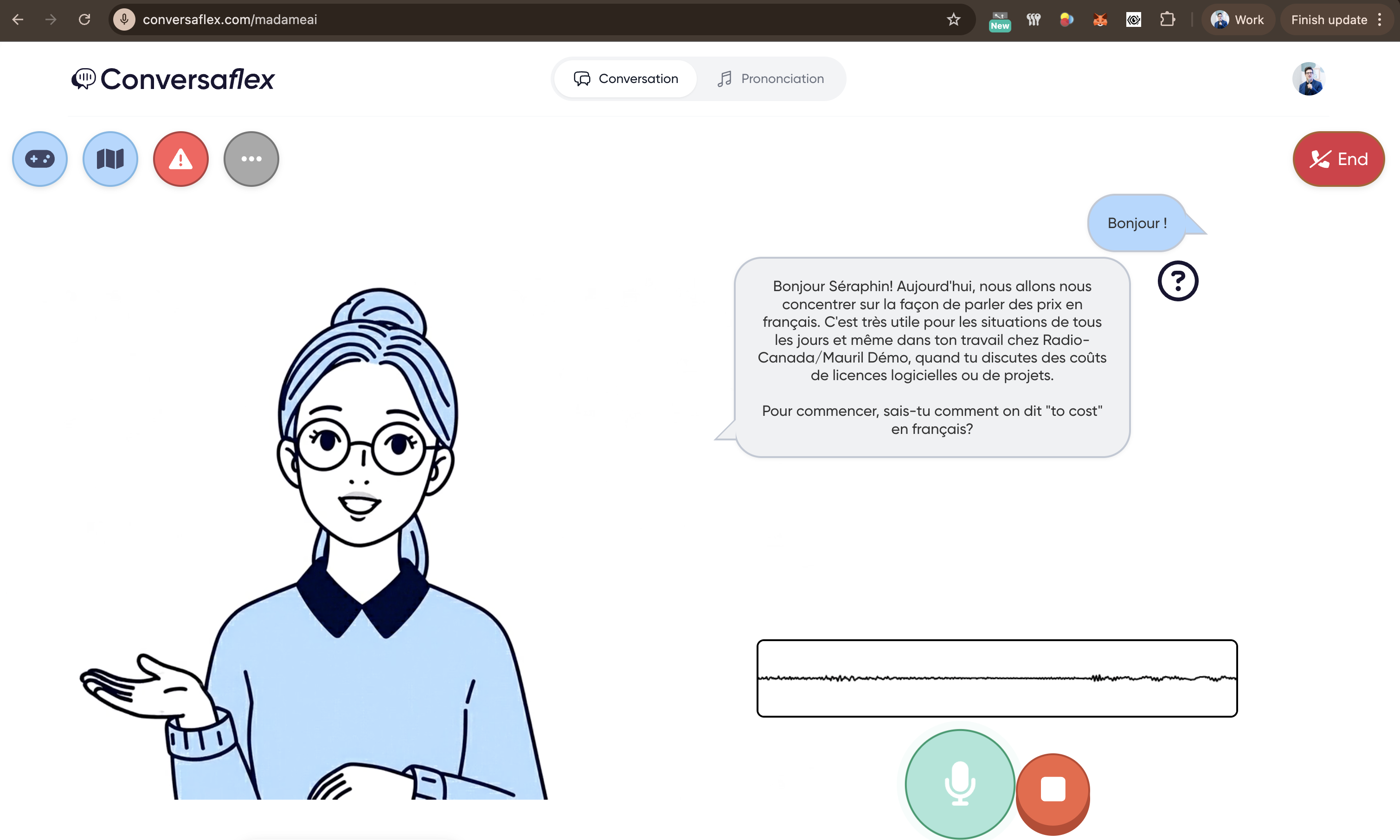 Un employé qui pratique une conversation professionnelle avec le partenaire IA de Conversaflex